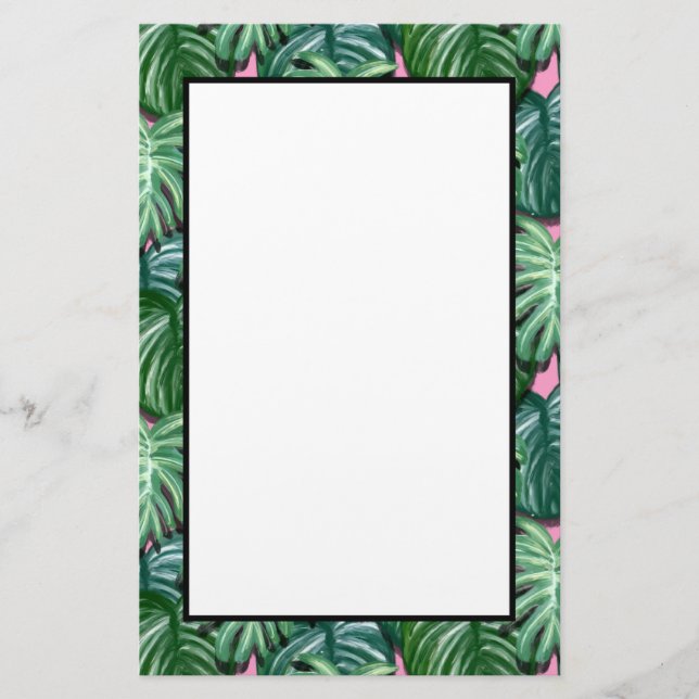 Exotic Green Tropical Leaves Pattern Stationery (Front)