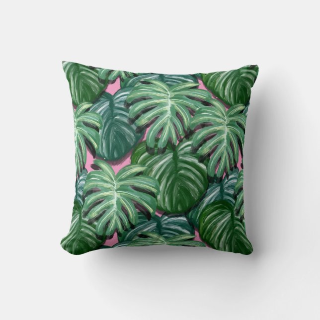 Exotic Green Tropical Leaves Pattern Throw Pillow (Front)