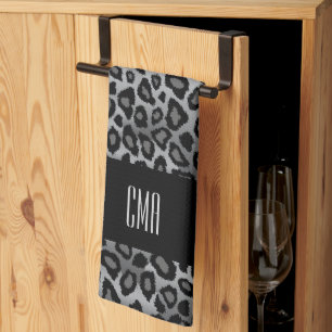 Exotic Grey Leopard Animal Pattern   Monogram Kitchen Towel