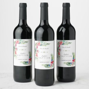 Exotic Hawaiian Tropical Floral Frame Baptism Wine Label