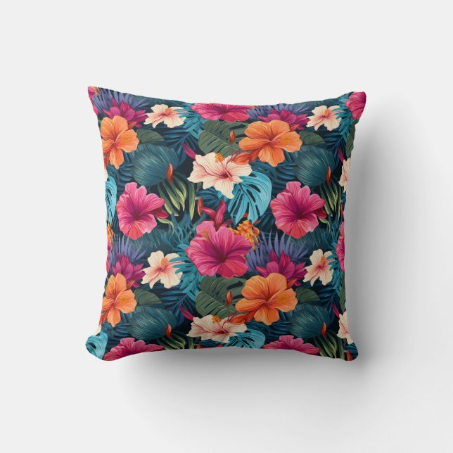 Exotic Hibiscus Botanical Pattern Throw Pillow (Front)