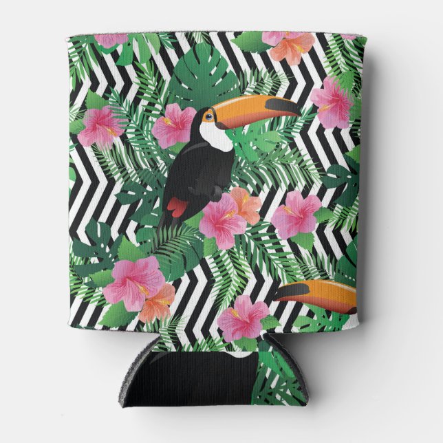 Exotic Hibiscus, Toucan Tropical Texture. Can Cooler (Front)
