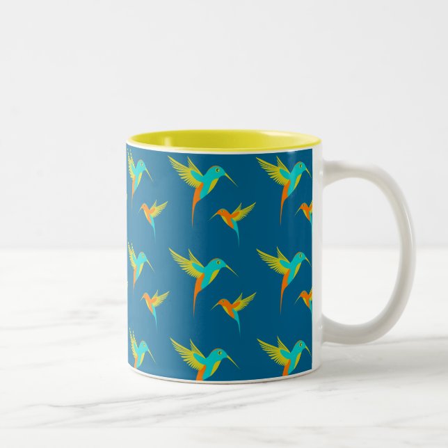 Exotic Hummingbirds Pattern Blue Two-Tone Coffee Mug (Right)