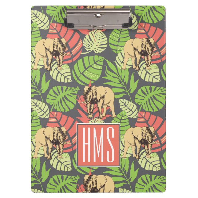 Exotic Jungle Leaves And Elephants | Monogram Clipboard (Front)