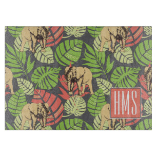 Exotic Jungle Leaves And Elephants   Monogram Cutting Board
