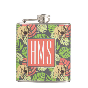 Exotic Jungle Leaves And Elephants Monogram Hip Flask