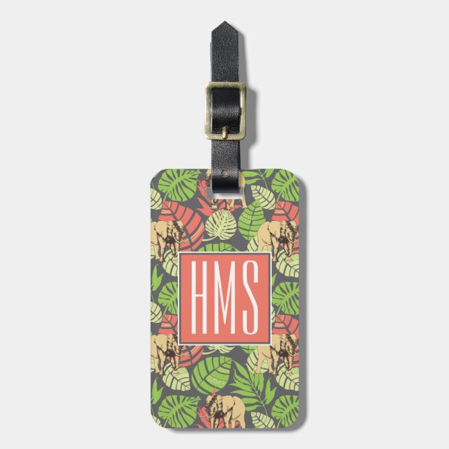 Exotic Jungle Leaves And Elephants | Monogram Luggage Tag (Front Vertical)