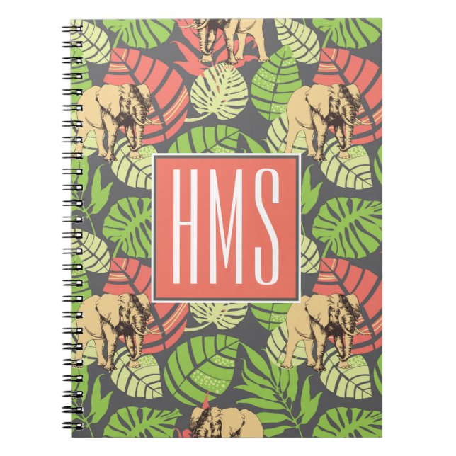 Exotic Jungle Leaves And Elephants | Monogram Notebook (Front)