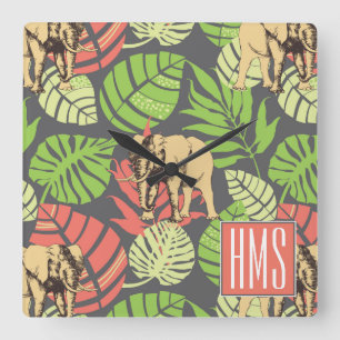 Exotic Jungle Leaves And Elephants Monogram Square Wall Clock