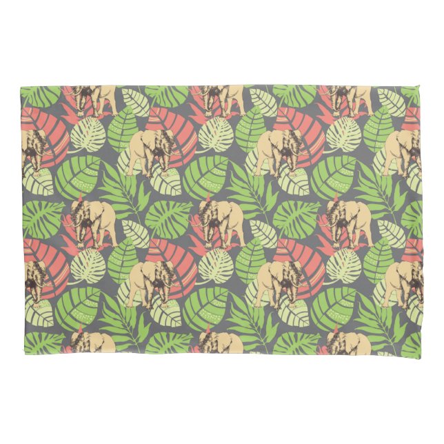 Exotic Jungle Leaves And Elephants Pillowcase (Front-Left)