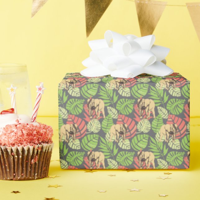 Exotic Jungle Leaves And Elephants Wrapping Paper (Birthday Party)