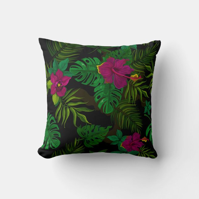 Exotic jungle night orchids pattern throw pillow (Front)