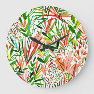 Exotic leaves, flowers, watercolor rainforest patt large clock