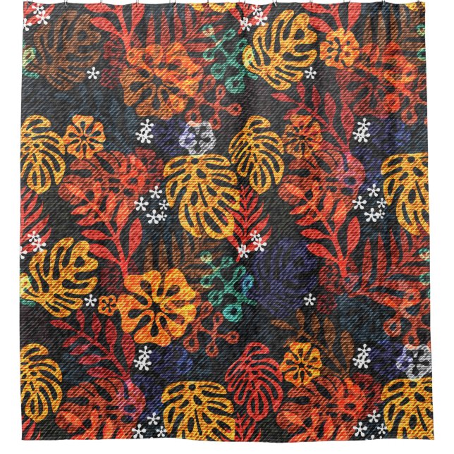 Exotic leaves on denim, seamless print. (Front)