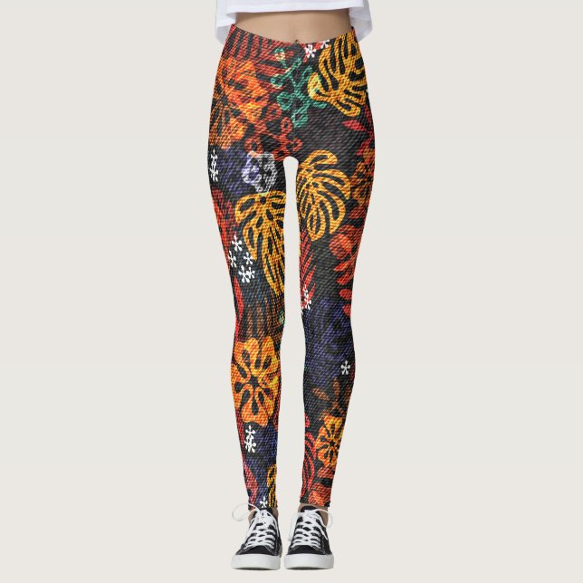 Exotic leaves on denim, seamless print. leggings (Front)