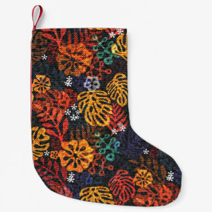 Exotic leaves on denim, seamless print. small christmas stocking