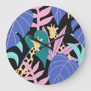 Exotic Leaves: Seamless Giraffe Pattern Large Clock