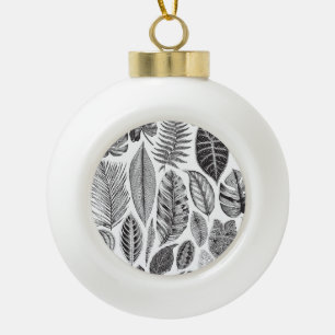 Exotic leaves, vintage floral black and white. ceramic ball christmas ornament