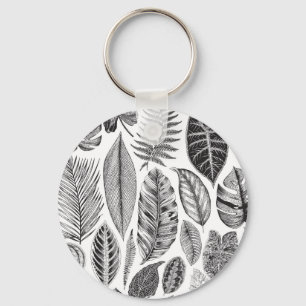 Exotic leaves, vintage floral black and white. keychain
