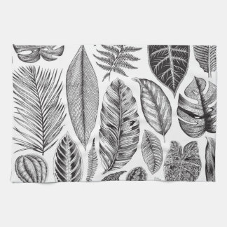 Exotic leaves, vintage floral black and white. kitchen towel
