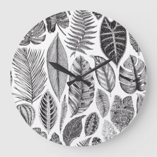 Exotic leaves, vintage floral black and white. large clock