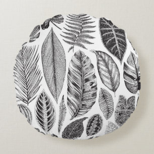 Exotic leaves, vintage floral black and white. round pillow
