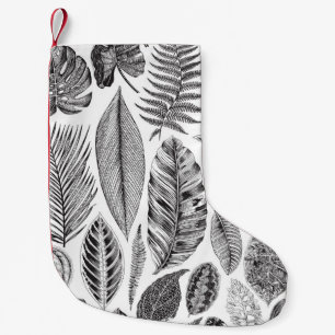 Exotic leaves, vintage floral black and white. small christmas stocking