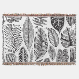Exotic leaves, vintage floral black and white. throw blanket