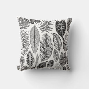 Exotic leaves, vintage floral black and white. throw pillow