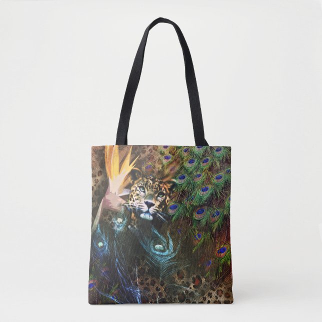 Exotic Leopard and Peacock Feather Safari Tote Bag (Front)
