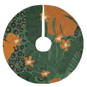 Exotic Leopard Tropical Leaves Pattern Brushed Polyester Tree Skirt