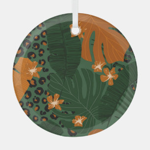 Exotic Leopard Tropical Leaves Pattern Glass Ornament