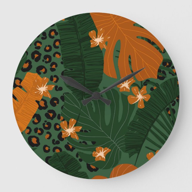 Exotic Leopard Tropical Leaves Pattern Large Clock (Front)