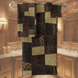 Exotic Luxury   Gold + Brown Animal Print Bath Towel Set