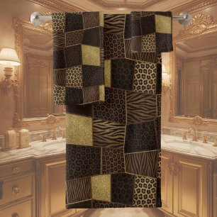 Exotic Luxury   Gold + Brown Animal Print Bath Towel Set