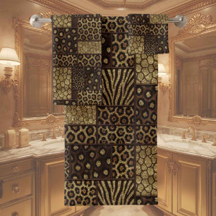 Exotic Luxury   Gold + Brown Animal Print Bath Towel Set