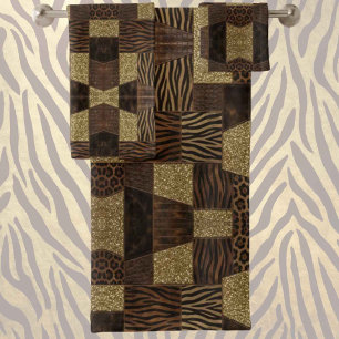 Exotic Luxury   Gold + Brown Animal Print Bath Towel Set