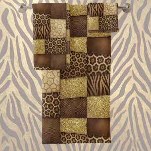 Exotic Luxury   Gold + Brown Animal Print Bath Towel Set
