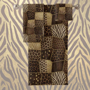 Exotic Luxury   Gold + Brown Animal Print Bath Towel Set