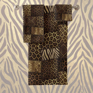 Exotic Luxury   Gold + Brown Animal Print Bath Towel Set