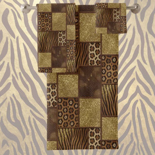 Exotic Luxury   Gold + Brown Animal Print Bath Towel Set