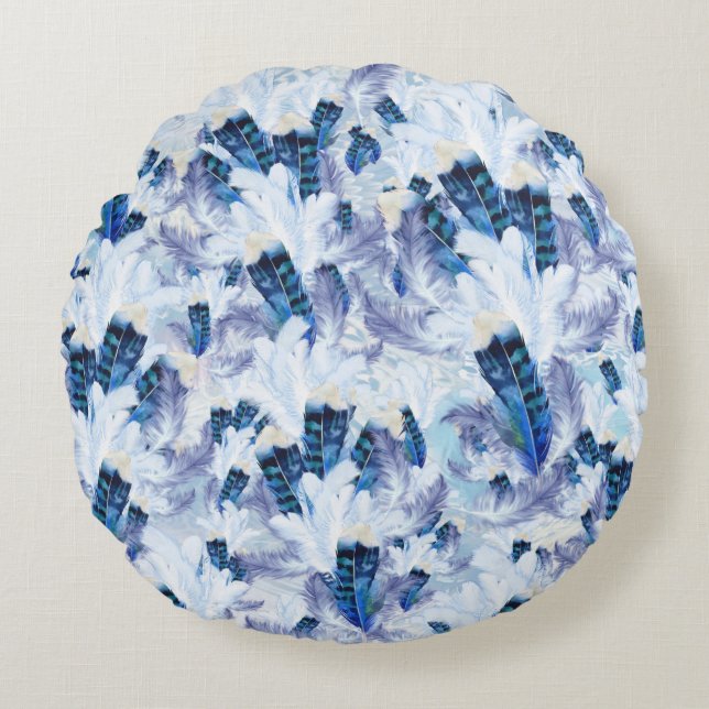 Exotic Mix Blue Bird feather Print Round Pillow (Front)