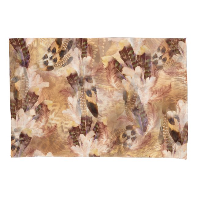 Exotic Mix Brown Tones Bird feather Print Pillowcase (Front)