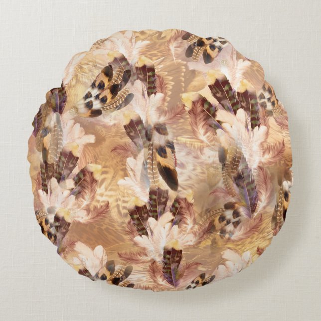 Exotic Mix Brown Tones Bird feather Print Round Pillow (Front)