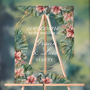 Exotic Monstera Botanical Florals Gold Wedding Acrylic Sign