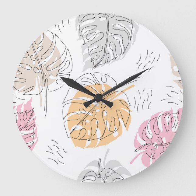 Exotic Monstera Line Drawing Art Large Clock (Front)