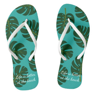 Exotic Monstera palm leaf floral beach flip flops