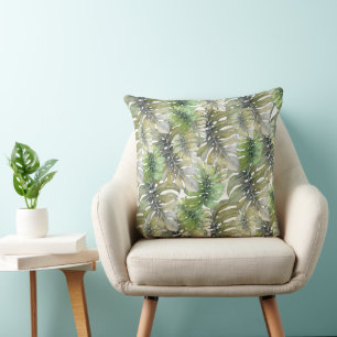 Exotic Monstera Palm Pastel Pattern Throw Pillow