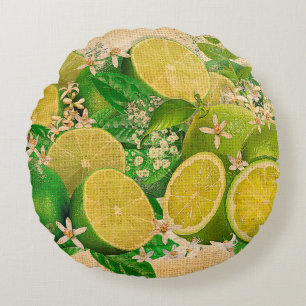 Exotic Musk Limes & Basil from Bangkok (Cretonne) Round Pillow