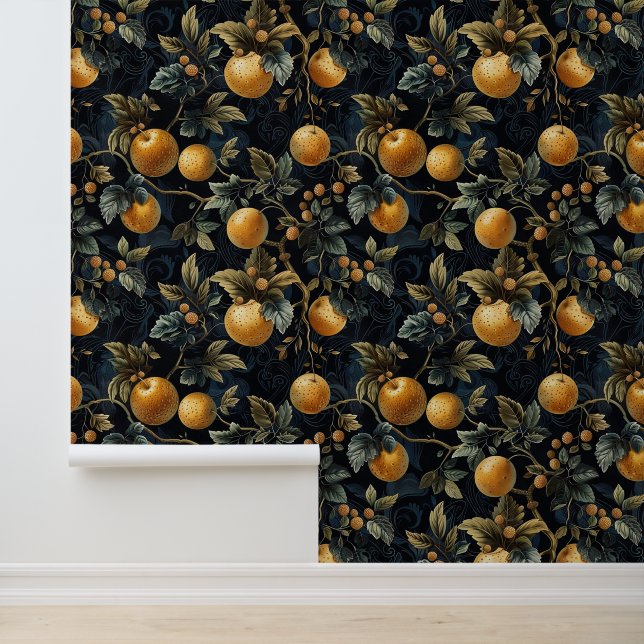 Exotic orange fruits & leaves luxury dark colour wallpaper (Application)
